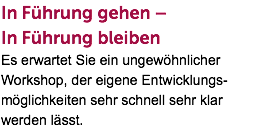 In Führung gehen –  In Führung bleiben Es erwartet Sie ein ungewöhnlicher Workshop, der eigene Entwicklungs-möglichkeiten sehr schnell sehr klar werden lässt.